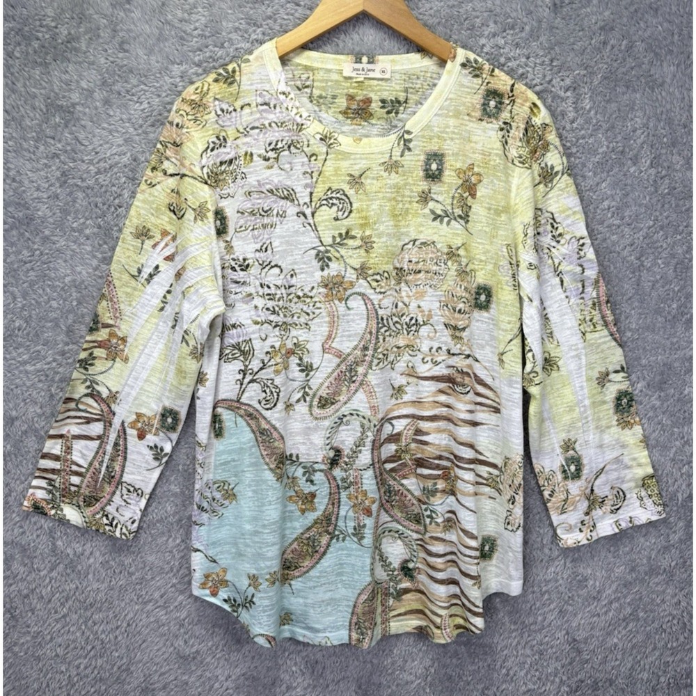 Jess & Jane Womens XL Top Floral Paisley Artsy Boho 3/4 Sleeve Made USA
